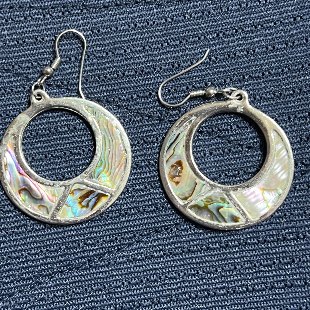 Vintage Alpaca Mexican Silver Dangle Hoop Earrings With Abalone Pearl Inlay.